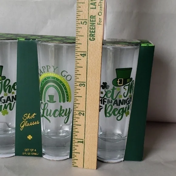 Shot Glass Set 4 St Patricks Day 2 Designs Four Leaf Clover Rainbow Leprechaun - Picture 5 of 5
